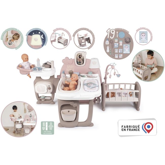 Centru de ingrijire pentru papusi smoby baby nurse doll`s play center maro cu 23 accesorii hubs7600220376