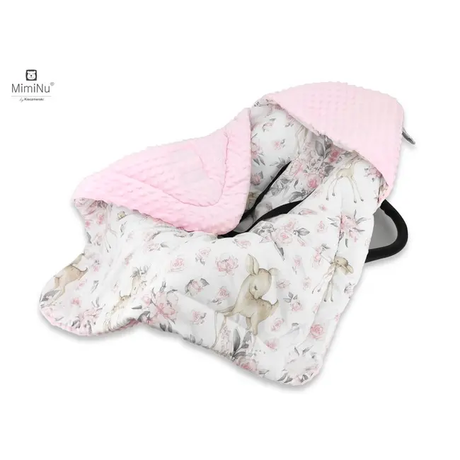 MimiNu - Paturica de infasat pentru scoica, scaun auto/carucior, Cu gluga si urechi, Cu sistem de prindere pe baza de velcro, Dimensiune 90x90 cm, Din tesatura pufoasa Minky + Bumbac, Sweet Deer Pink BYN6426972016674