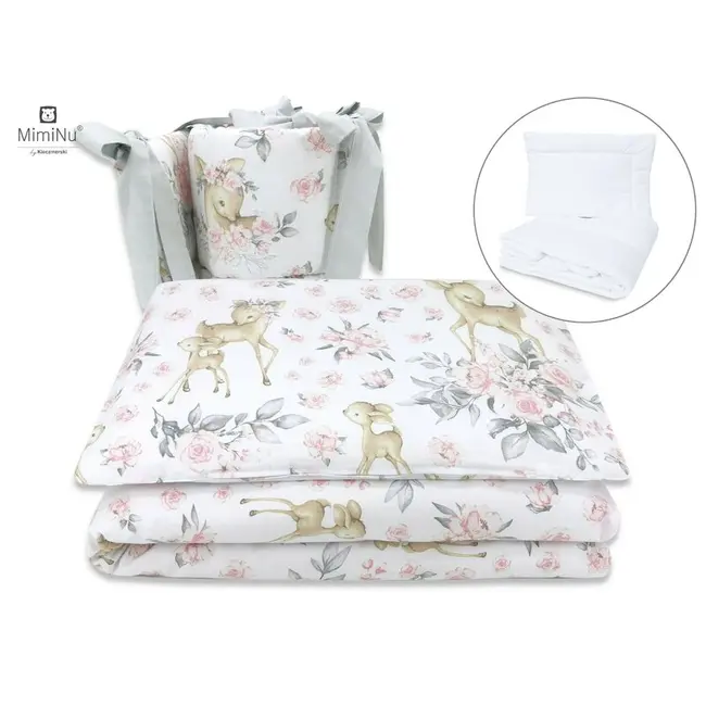 MimiNu - Set lenjerie patut 5 piese, Cu pilota si perna, Din bumbac, Pentru patut 120x60 cm, Sweet Deer Pink BYN6426972015981
