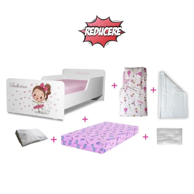 Pachet Promo Complet Pat Fetite 2-8 ani Start Balerina, saltea SmartNest, husa impermeabila, lenjerie, perna si pilota