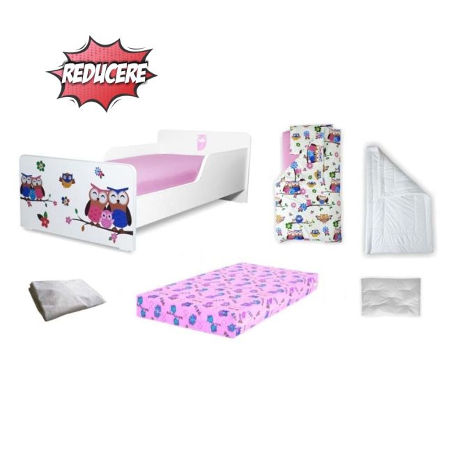Pachet Complet Patut Copii 2-12 Ani Creativ Bufnite, Include Saltea Cu Lana, Husa Impermeabila, Set Lenjerie, Pilota Si Perna- ASC-ch-cmp-pro-str-buf-80