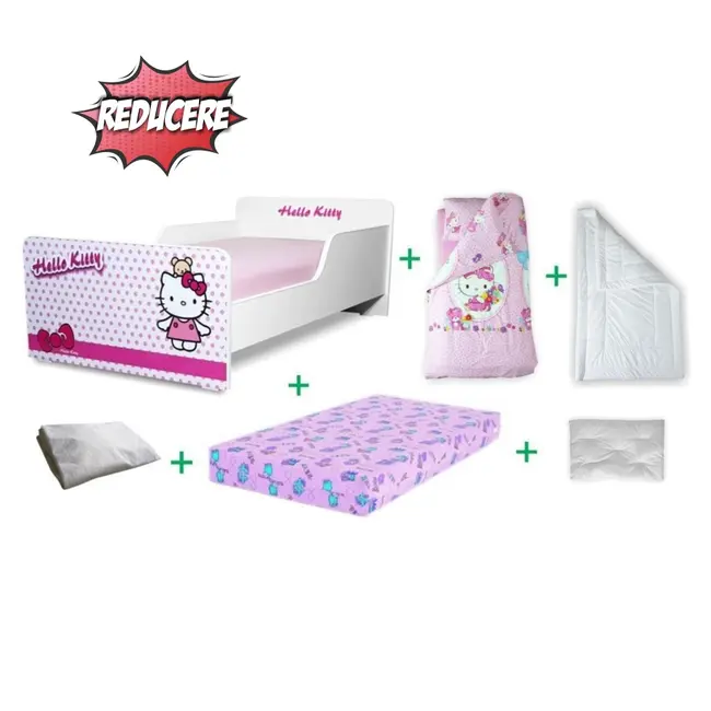 Pachet Complet Pat Fete Start Hello Kitty 2-12 ani cu saltea SmartNest cu lana, husa, lenjerie, pilota, perna - PC-PCH-CMP-PRO-STR-HKT-80