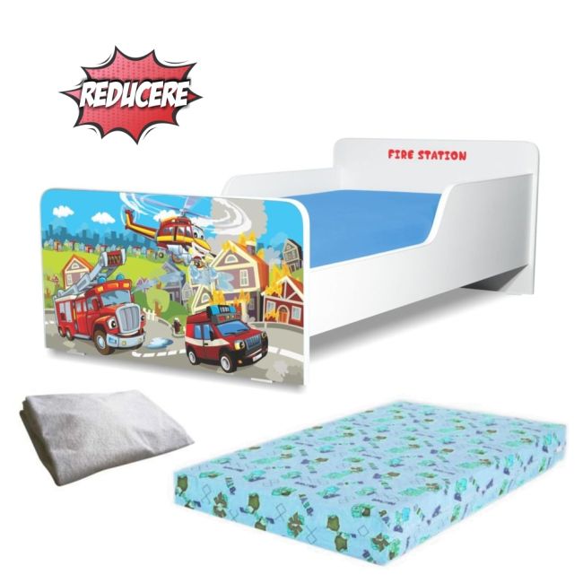 Pat Start Fire Station 2-8 ani + saltea SmartNest cu lana 140x70x12 cm + husa impermeabila - PC-PCH-PRO-STR-FST-70
