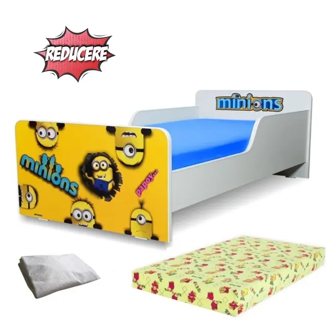 Pachet Promo Pat pt Copii Start Minions recomandat copiilor de la 2 pana la 8 ani, include saltea SmartNest cu lana si husa impermeabila - PC-PCH-PRO-STR-MNS-70