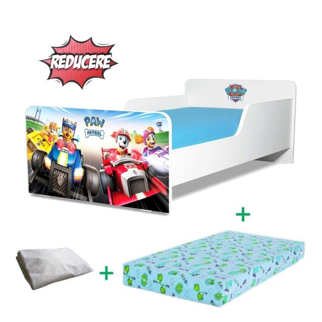 Pat Start Paw Patrol Race 2-8 ani + saltea 140x70x12 cm SmartNest cu lana + husa impermeabila - PC-PCH-PRO-STR-PAWR-70