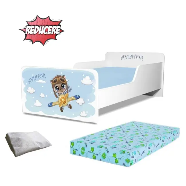 Pat copii Aviator 2-12 ani + saltea 160x80x12 cm SmartNest cu lana + husa impermeabila - PC-PCH-PRO-STR-AVT-80
