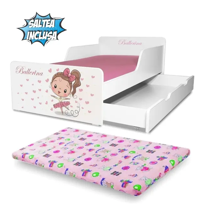 Pat pentru Fetite 2-12 Start Balerina cu sertar si Saltea cu lana SafeNest 160x80 inclusa- PC-P-MK-BAL-SRT-80