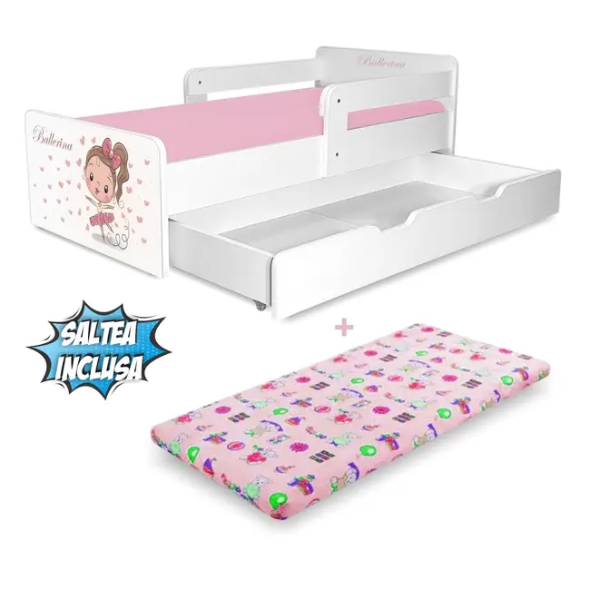 Pat copii Balerina P2 2-12 ani cu sertar si 2 protectii laterale detasabile si saltea SafeNest cu lana inclusa - PC-P-MK-SRT-BAL-P2-80