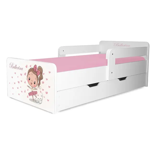 Pat copii Balerina P2 2-8 ani cu sertar si 2  protectii laterale detasabile - PC-P-SRT-BAL-P2-70