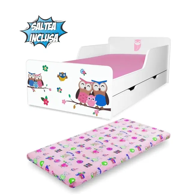 Pat Copii 2-12 ani Start Bufnite, varianta cu sertar si Saltea cu lana SafeNest incluse - PC-P-MK-SRT-BUF-80