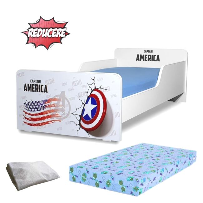 Pat copii Captain America 2-12 ani + saltea SmartNest cu lana 160x80x12 cm + husa impermeabila - PC-PCH-PRO-STR-CPT-80