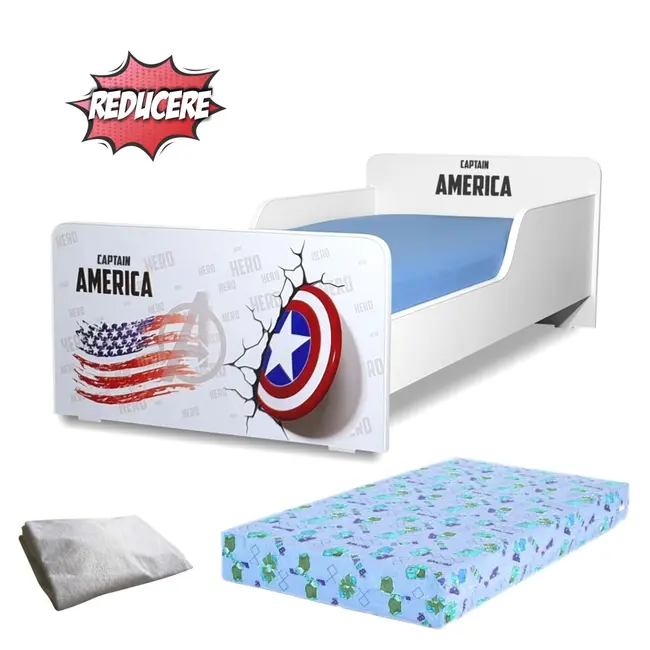 Pat copii Captain America 2-8 ani + saltea SmartNest cu lana 140x70x12 cm + husa impermeabila - PC-PCH-PRO-STR-CPT-70