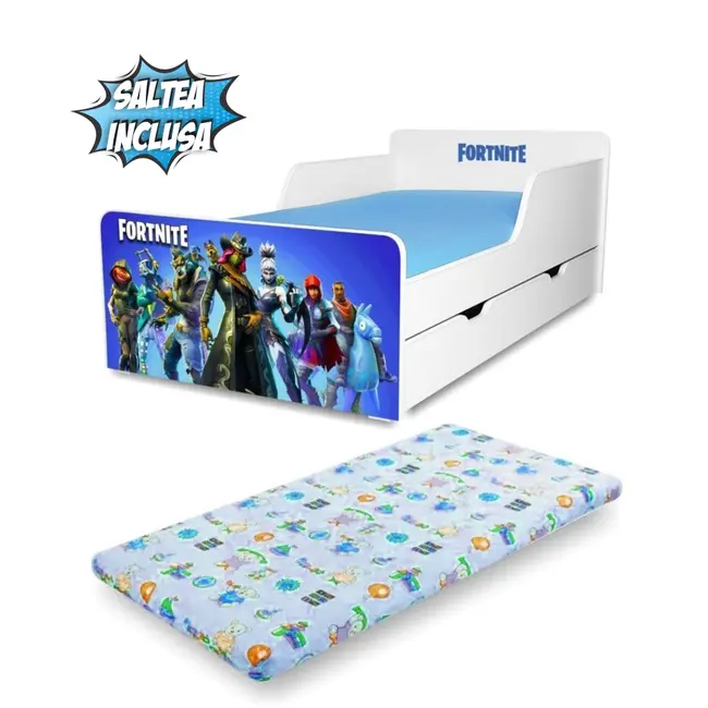 Patut Copii 2-12 ani  Start Fortnite cu sertar si Saltea cu lana SafeNest incluse - PC-P-MK-SRT-FRN-80