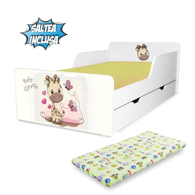 Pat pentru copii 2-12 ani Start Girafa, cu sertar si Saltea cu lana SafeNest 160x80 inclusa - PC-P-MK-GIR-SRT-80