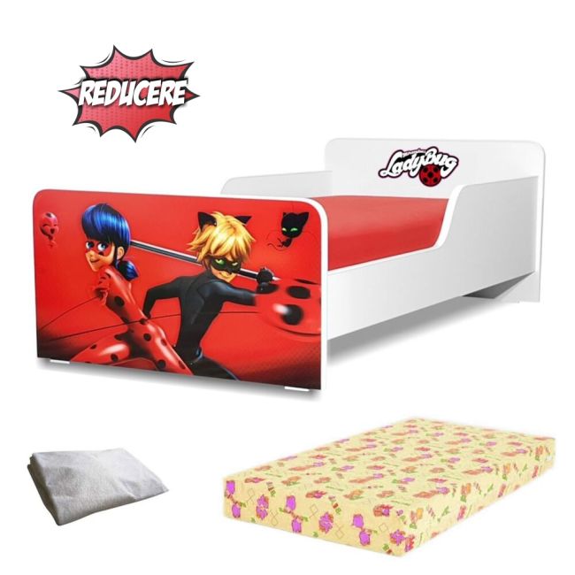 Pachet Promo Cu Pat Pt Copii Creativ Ladybug Recomandat De La Varste De 2 Pana La 12 Ani Cu Saltea Din Lana Si Husa Impermeabila- ASC-ch-pro-str-ldb-80