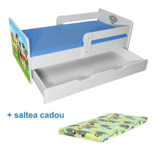 Pat Copii Paw Patrol P2 2-8 Ani Cu Saltea Cu Lana , Sertar Si 2 Protectii Laterale Detasabile - ASC-mk-srt-paw-p2-70