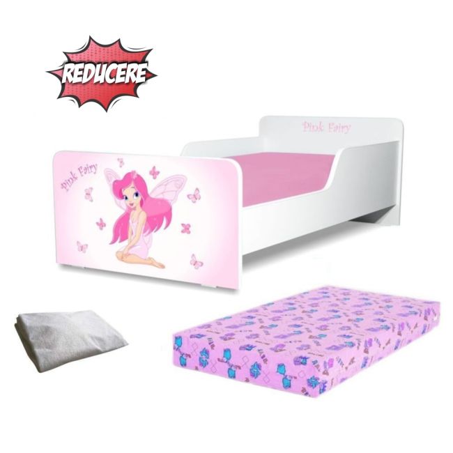 Pachet Promo Patut  Start Pink Fairy Fetite 2-8 ani, contine saltea SmartNest cu lana 140x70 si husa impermeabila- PC-PCH-PRO-STR-PFR-70