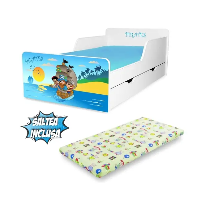 Pat copii Pirati 2-12 ani cu sertar si Saltea cu lana SafeNest inclusa - PC-P-MK-TIG-PIR-80