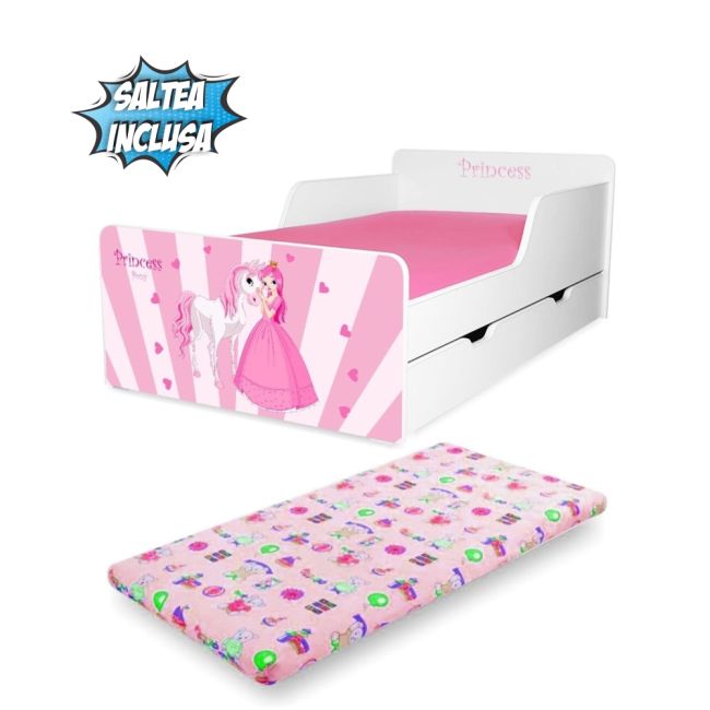 Pat Creativ Princess Pony Pentru Fete 2-12 Ani, Varianta Cu Sertar Si Saltea Cu Lana 160x80 Incluse- ASC-mk-srt-prp-80