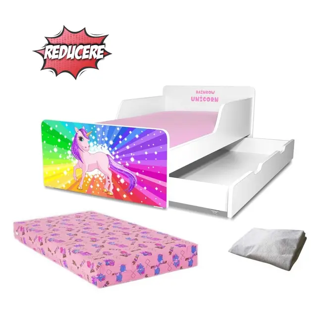 Pachet Promo Pat Start Unicorn fete 2-12 ani cu sertar, saltea si husa impermeabila - PC-P-PR-RUNC-SRT-80