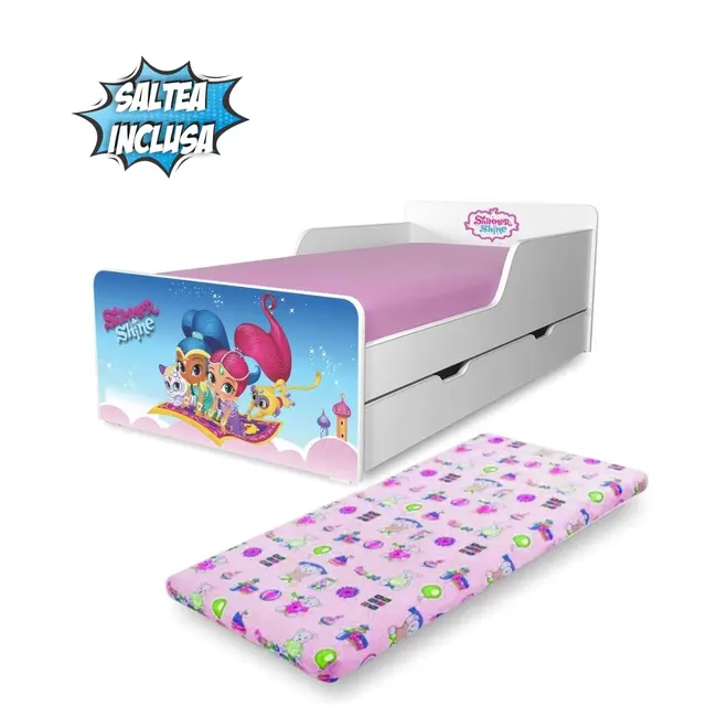 Pat copii Shimmer & Shine 2-12 ani cu sertar si Saltea cu lana SafeNest PC-P-MK-SRT-SHI-80