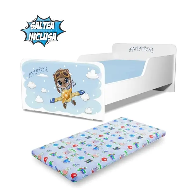 Pat copii Start Aviator 2-12 ani cu saltea din lana inclusa - PC-P-MOK-AVT-80