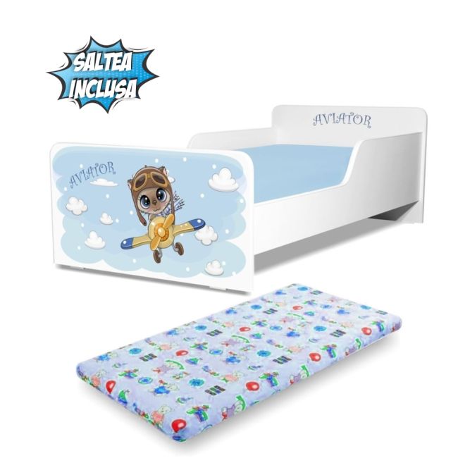 Pat copii Start Aviator 2-8 ani cu saltea din lana inclusa PC-P-MOK-AVT-70