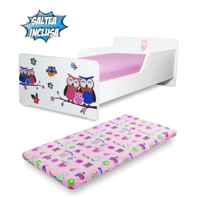 Pat Pentru Copii 2-12 Ani Creativ Bufnite Cu Saltea Din Lana 160x80 Inclusa - ASC-mok-buf-80