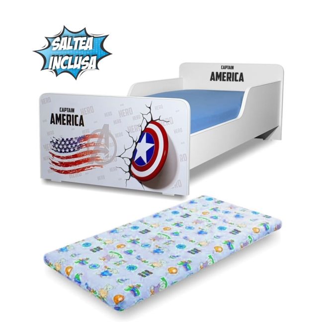 Pat copii Start Captain America 2-8 ani cu saltea din lana inclusa - PC-P-MOK-CPT-70