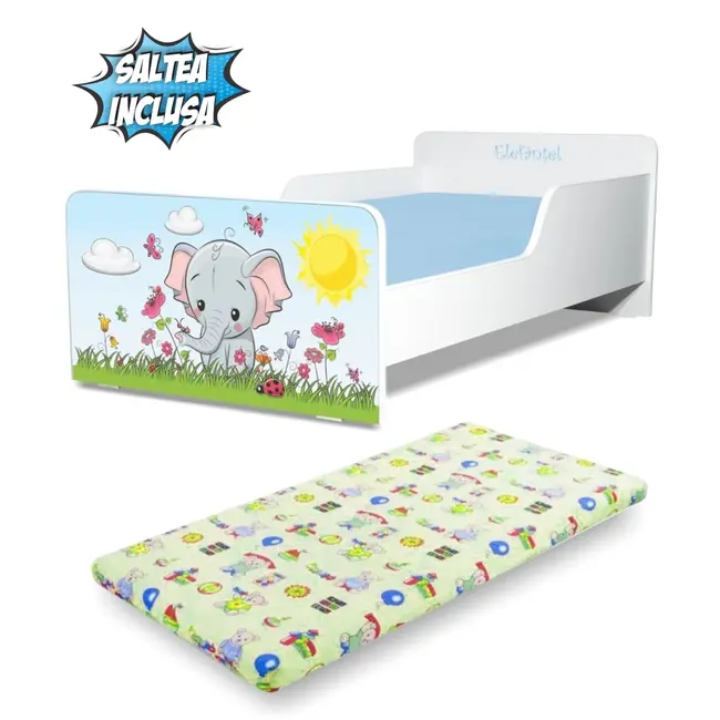 Pat copii 2-8 ani Start Elefantel, cu saltea din lana 140x70 inclusa - PC-P-MOK-ELE-70