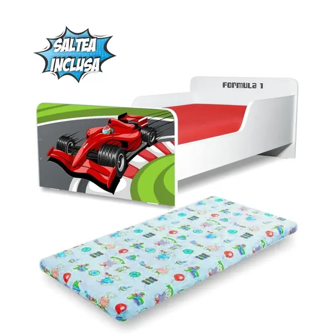 Pat copii Start Formula 1 2-12 ani cu saltea inclusa din lana PC-P-MOK-FM1-80