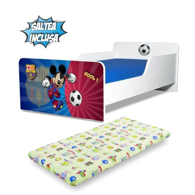Pat copii Start Fotbal Barca 2-12 ani cu saltea din lana 160x80x6 cm inclusa - PC-P-MOK-FTB-BARCA-80