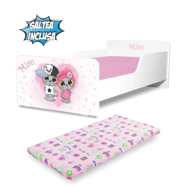 Pat copii Start Miau 2-8 ani cu saltea din lana inclusa - PC-P-MOK-MIA-70