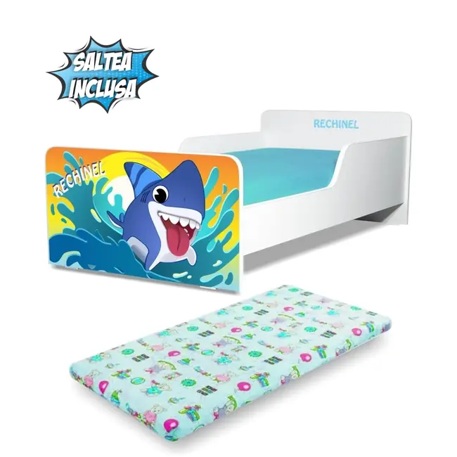 Pat copii Start Rechinel 2-8 ani cu saltea din lana inclusa PC-P-MOK-REC-70