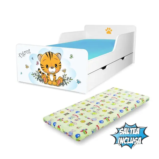 Pat copii TigruE 2-12 ani cu sertar si Saltea cu lana SafeNest inclusa - PC-P-MK-TIG-SRT-80