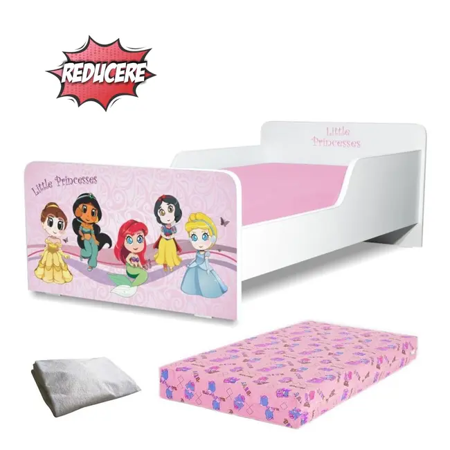 Pat copii little princesses 2-12 ani + saltea 160x80x12 cm + husa impermeabila - PC-PCH-PRO-STR-LPR-80