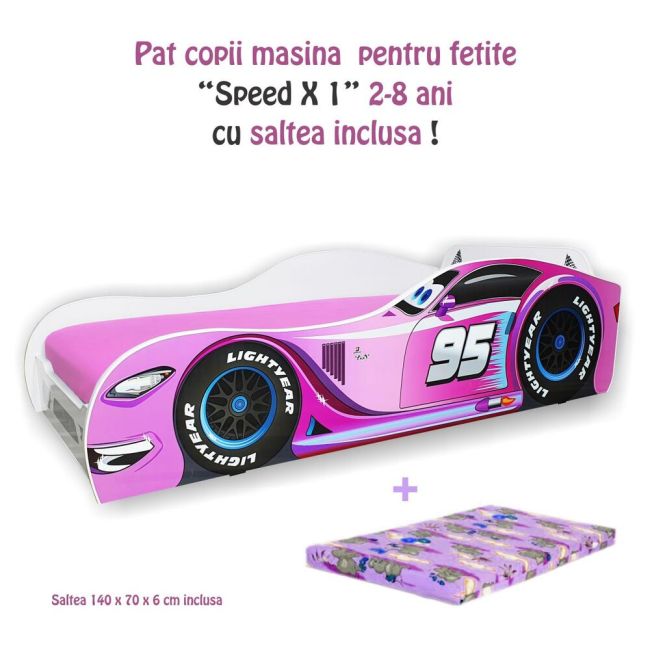 Pat fetite 2-8 ani masina Speed X1 cu saltea SafeNest 140x70x6 cu lana PC-P-MK-SPDX-1-70