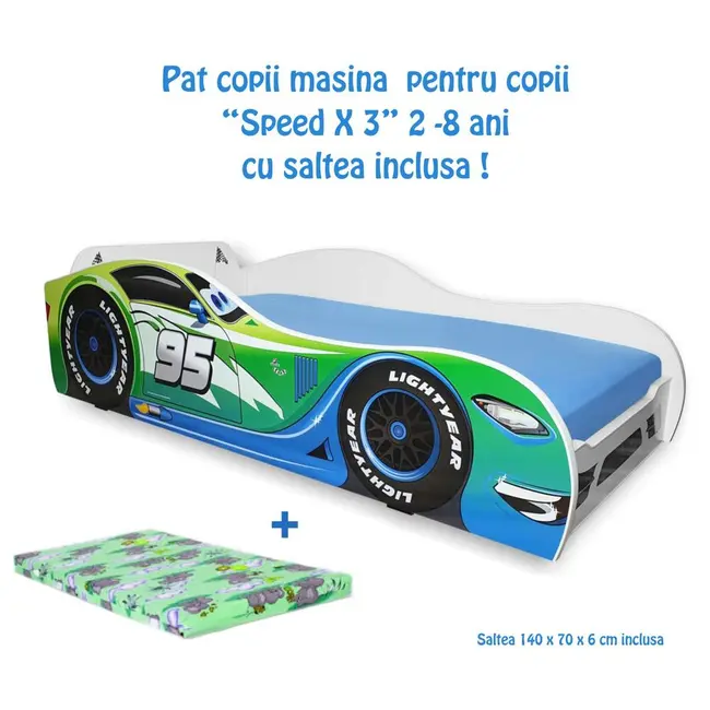 Pat masina Speed X3 pentru copii 2-8 ani cu saltea SafeNest cu lana 140x70x6cm PC-P-MK-SPDX-3-70