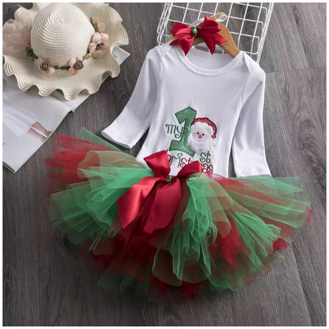 Body cu maneca scurta si fustita tutu rosu cu verde - primul meu craciun (marime disponibila: 9-12 luni (marimea 20 incaltaminte)) id-14.9-12 luni