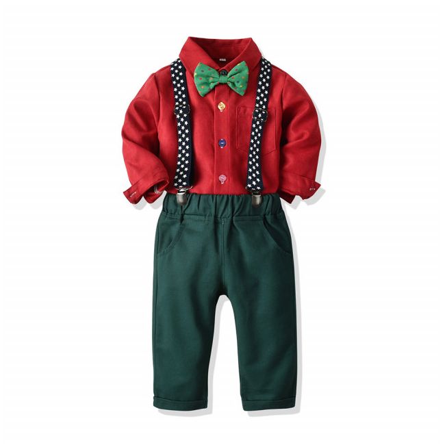 Costum elegant pentru baietei cu camasuta visinie si papion verde MBMer79-de2