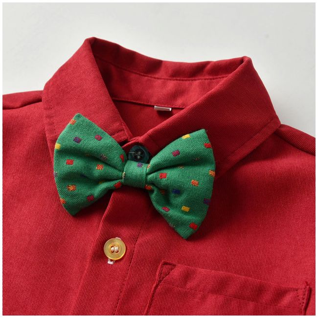 Costum elegant pentru baietei cu camasuta visinie si papion verde MBMer79-de2