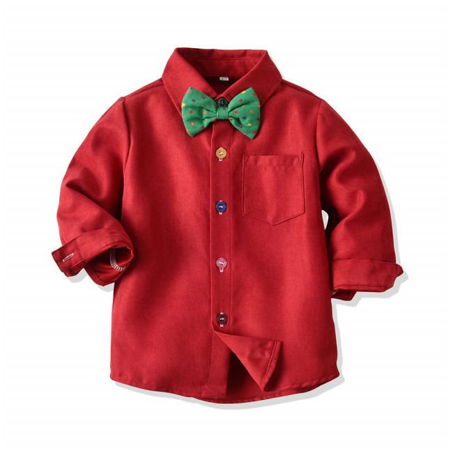 Costum elegant pentru baietei cu camasuta visinie si papion verde MBMer79-de2