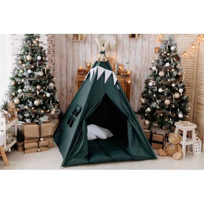 Set Cort de joaca, teepee, Dark Green, 120x120x150 cm, salteluta, ghirlanda, 2 pernite si kit fixare MRD8245