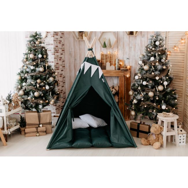 Set Cort de joaca, teepee, Dark Green, 120x120x150 cm, salteluta, ghirlanda, 2 pernite si kit fixare MRD8245