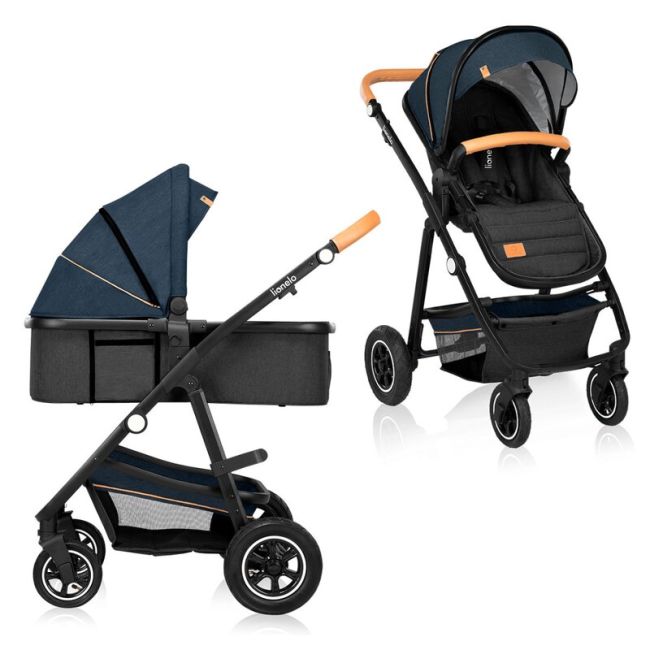Lionelo - Carucior compact Amber, 2 in 1, Cadru din aluminiu, Cu landou intarit si salteluta moale, Reversibil, Maner ajustabil, Huse pentru picioare, Plasa de tantari, Husa de ploaie, Geanta parinti, Pana la 22 kg, Albastru BYNLO-AMBER_2IN1_BLUE_NAVY