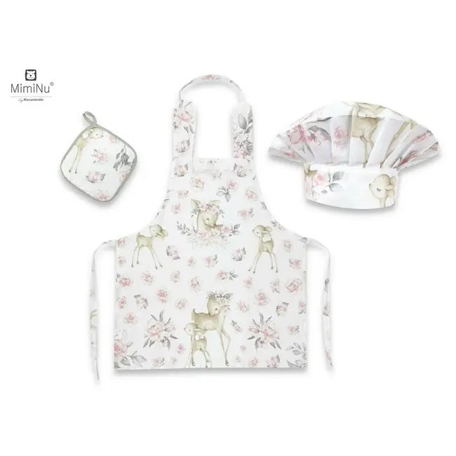 MimiNu - Set Micutul bucatar, Cu sort, o boneta si accesoriu pentru vase calde, Sweet Deer Pink BYN6426972017220