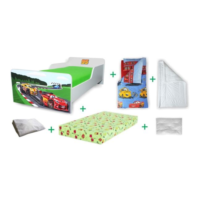 Pachet Promo Complet Pat Baieti 2-8 ani Start Racing cu saltea, husa impermeabila, pilota, perna, lenjerie
