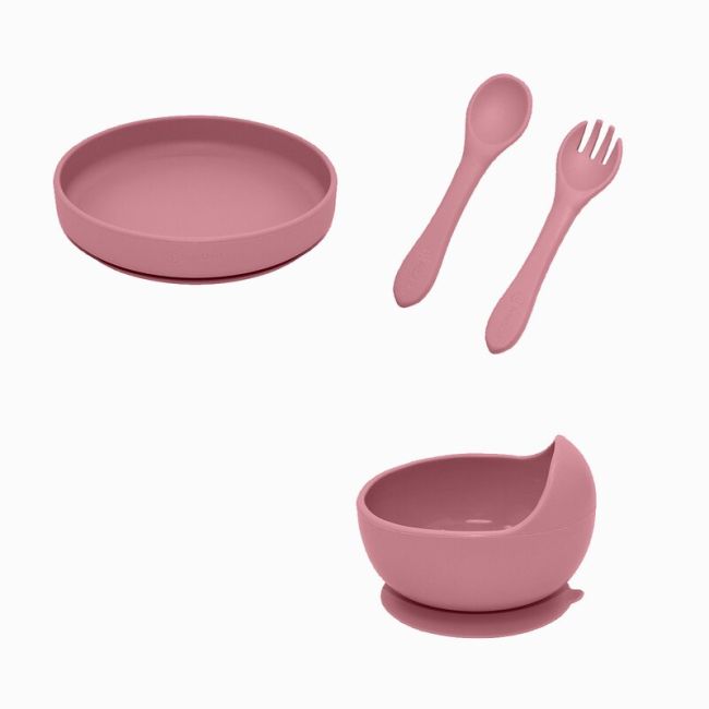 Petite&Mars - Set de hranire, Cu farfurie, Bol si tacamuri, Din silicon fara BFA, Roz BYNPachetMasaRoz_1