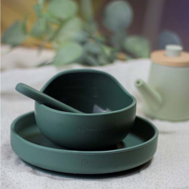 Petite&Mars - Set de hranire, Cu farfurie, Bol si tacamuri, Din silicon fara BFA, Verde inchis BYNPachetMasaVerde_1