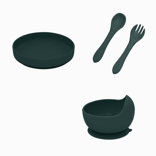 Petite&Mars - Set de hranire, Cu farfurie, Bol si tacamuri, Din silicon fara BFA, Verde inchis BYNPachetMasaVerde_1